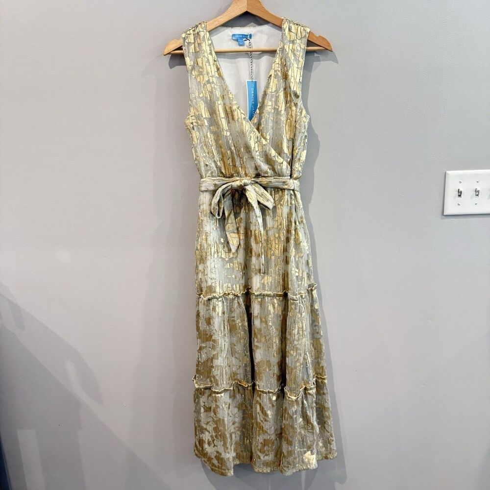 Draper James Sleeveless Tiered Maxi Dress Metallic Gold Floral Boho S NWT NEW
